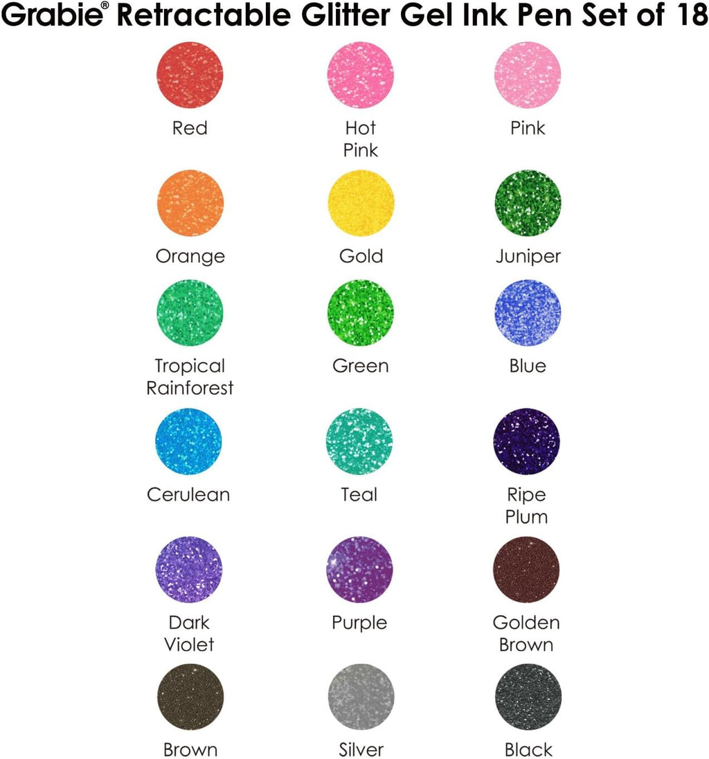 Grabie 18 Color Glitter Gel Pens, Retractable Sparkle Art Pens | Retractable Design, Smooth Gel Ink, Sparkling Finish, Acid Free Ink, Quick Drying, Coloring Books, Journaling, Drawing