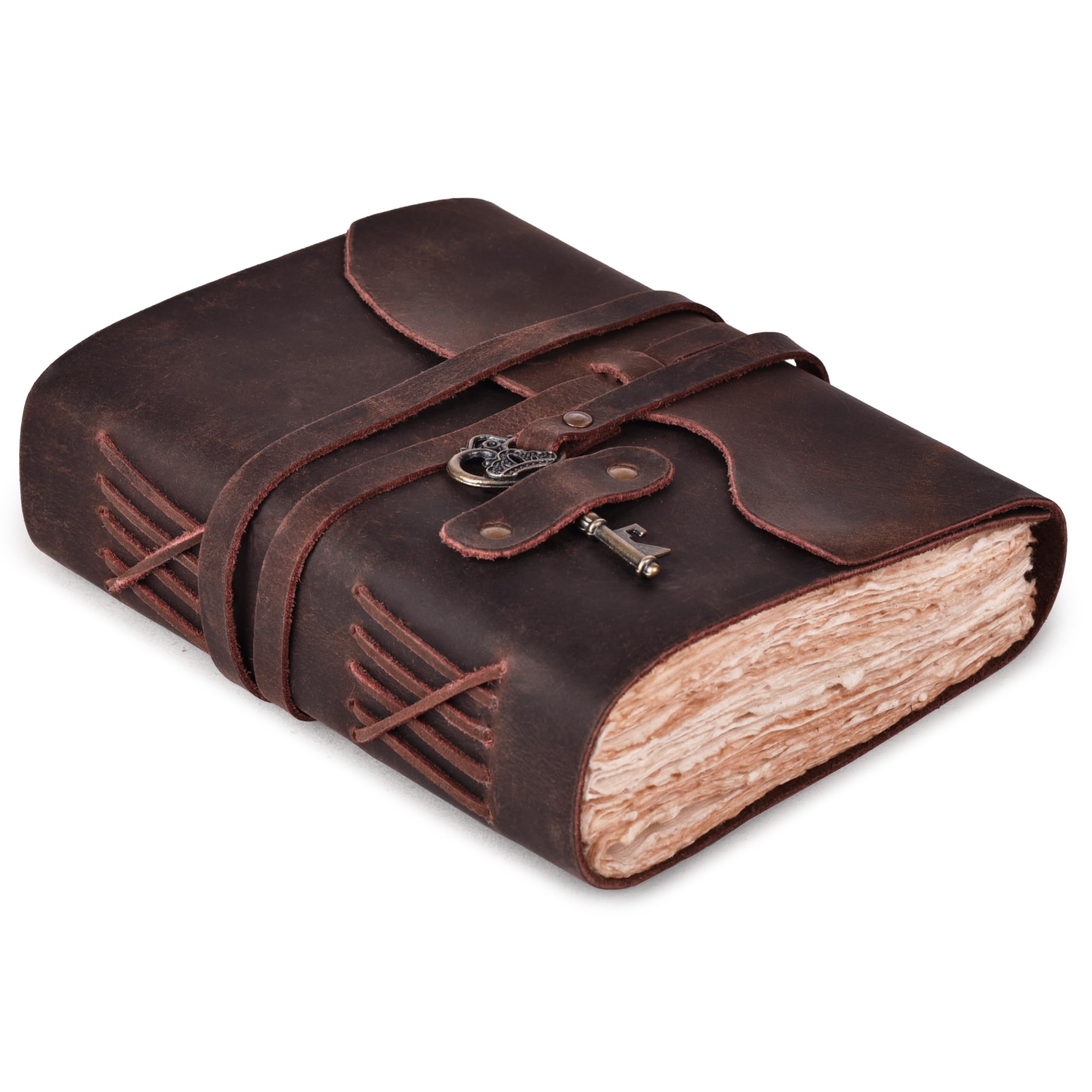 LEATHER VILLAGE Vintage Leather Bound Journal, Junk Journal For Men & Women | Handmade Deckle Edge paper, 200 Blank Pages , Book Of Shadows, Sketchbook, Scrapbook, Leather Journal ,Distressed Brown 6x4