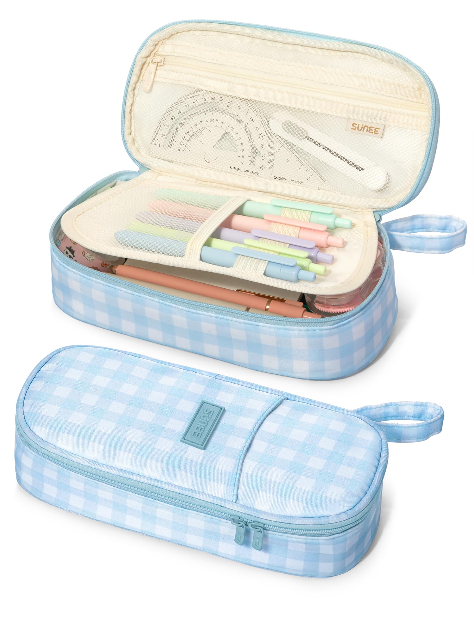 SUNEE Cute Pencil Case, Aesthetic Pen Pouch, Colored Large Pencil Bag with Zipper, Kawaii Stationery Storage and Organizer, School Supplies for Teen and Adult Girls, Blue