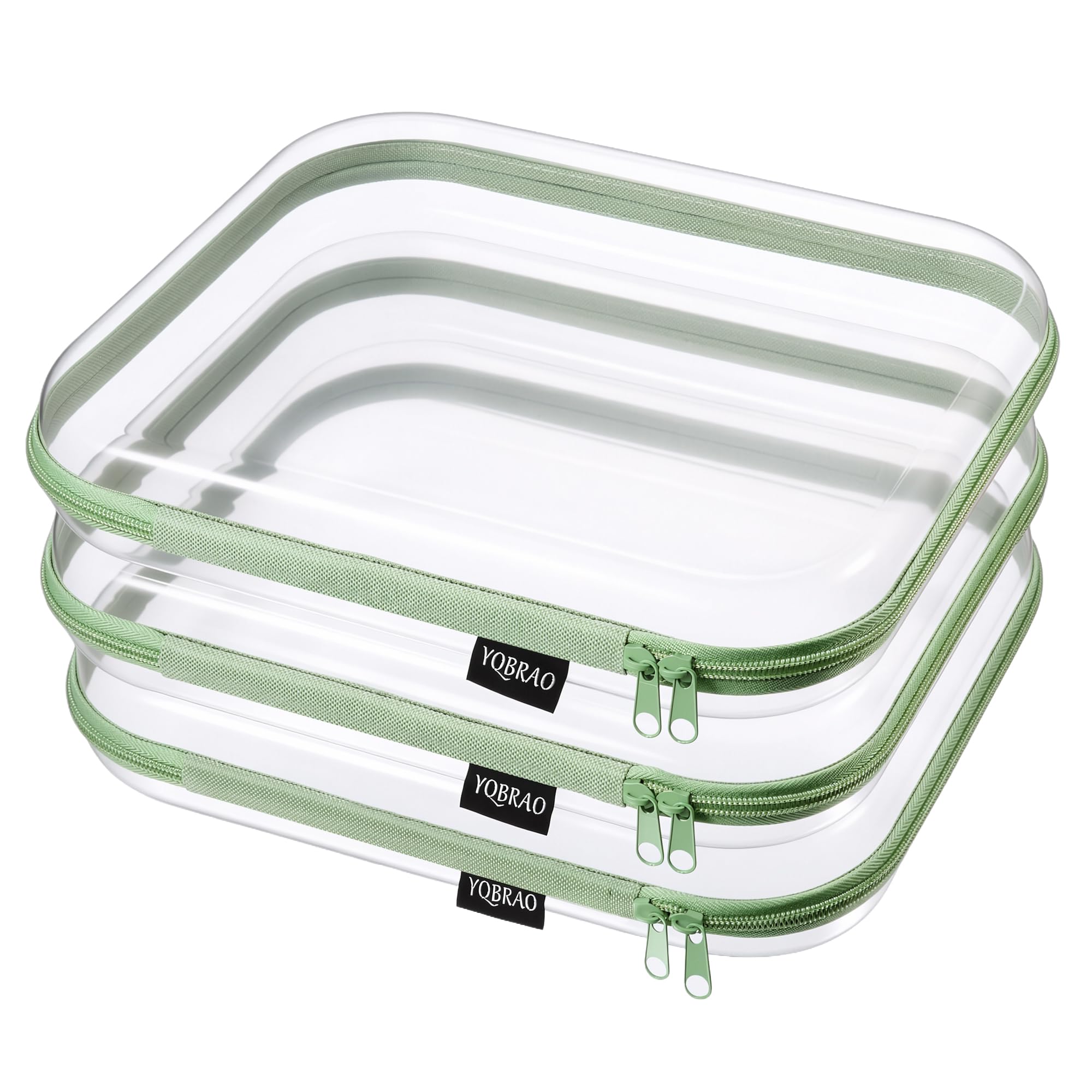YQBRAO Clear Hard Shell Zipper Cases, 6 Multi-Size Organizers, Green | Rigid clear shells in three practical sizes organize toiletries, cosmetics, cables, stationery and household essentials