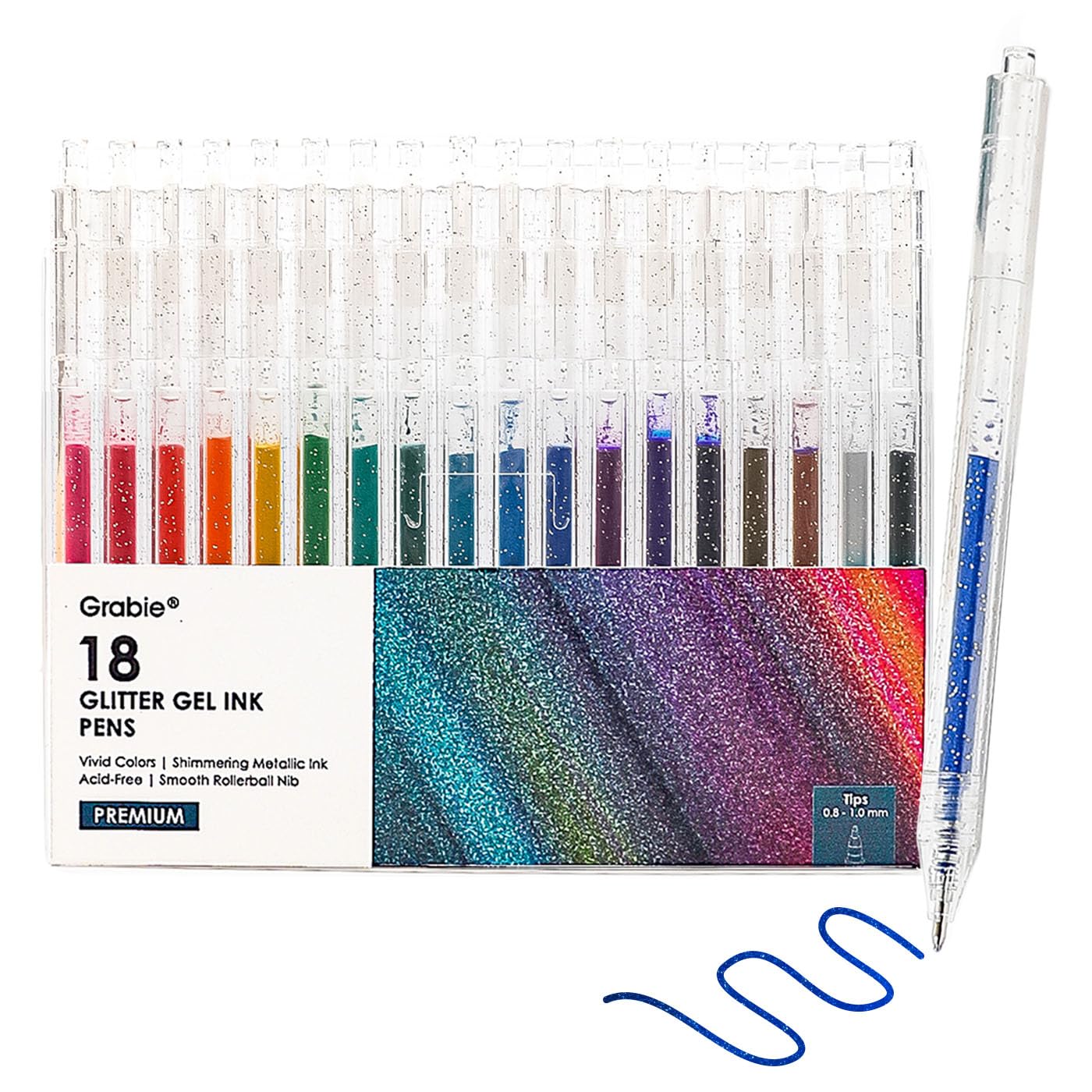 Grabie 18 Color Glitter Gel Pens, Retractable Sparkle Art Pens | Retractable Design, Smooth Gel Ink, Sparkling Finish, Acid Free Ink, Quick Drying, Coloring Books, Journaling, Drawing