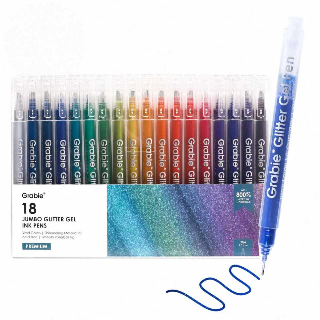 Grabie 18 Color Glitter Gel Pens, Retractable Sparkle Art Pens | Retractable Design, Smooth Gel Ink, Sparkling Finish, Acid Free Ink, Quick Drying, Coloring Books, Journaling, Drawing