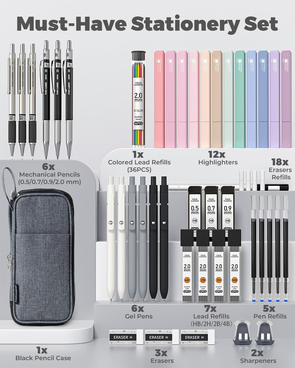 Four Candies School Supplies with Pencil Case, 45ct Black | Back to School Stationery Set, Essentials for College & Nursing Students, 6 Gel Pens, 6 Mechanical Pencils, 12 Highlighters