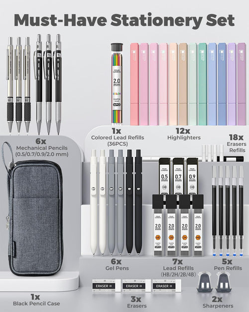 Four Candies School Supplies with Pencil Case, 45ct Black | Back to School Stationery Set, Essentials for College & Nursing Students, 6 Gel Pens, 6 Mechanical Pencils, 12 Highlighters