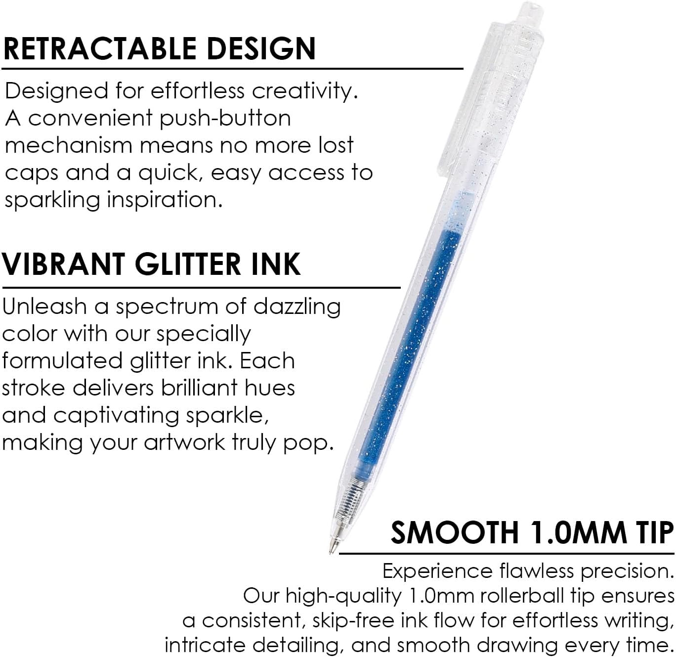 Grabie 18 Color Glitter Gel Pens, Retractable Sparkle Art Pens | Retractable Design, Smooth Gel Ink, Sparkling Finish, Acid Free Ink, Quick Drying, Coloring Books, Journaling, Drawing
