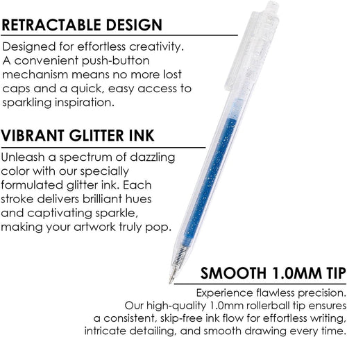 Grabie 18 Color Glitter Gel Pens, Retractable Sparkle Art Pens | Retractable Design, Smooth Gel Ink, Sparkling Finish, Acid Free Ink, Quick Drying, Coloring Books, Journaling, Drawing
