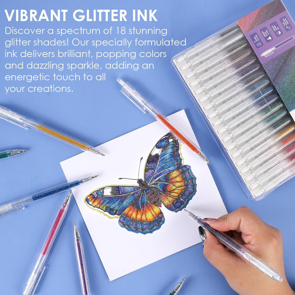 Grabie 18 Color Glitter Gel Pens, Retractable Sparkle Art Pens | Retractable Design, Smooth Gel Ink, Sparkling Finish, Acid Free Ink, Quick Drying, Coloring Books, Journaling, Drawing