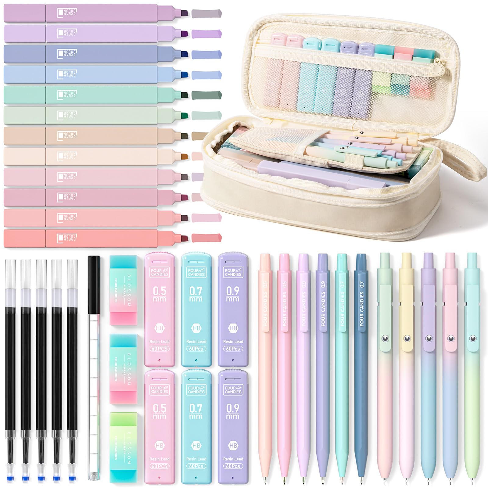 Four Candies School Supplies with Pencil Case, 45ct Black | Back to School Stationery Set, Essentials for College & Nursing Students, 6 Gel Pens, 6 Mechanical Pencils, 12 Highlighters
