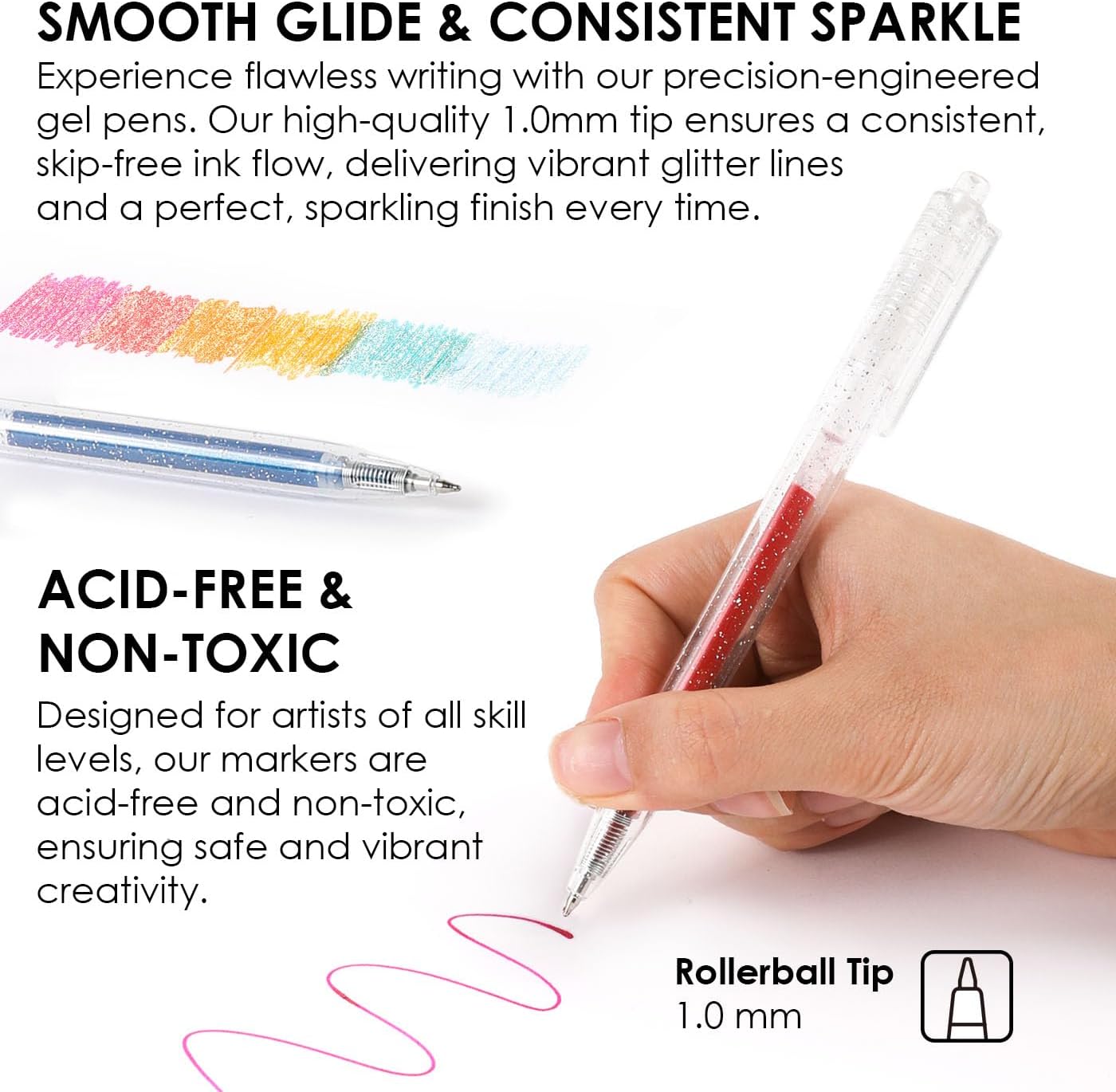Grabie 18 Color Glitter Gel Pens, Retractable Sparkle Art Pens | Retractable Design, Smooth Gel Ink, Sparkling Finish, Acid Free Ink, Quick Drying, Coloring Books, Journaling, Drawing