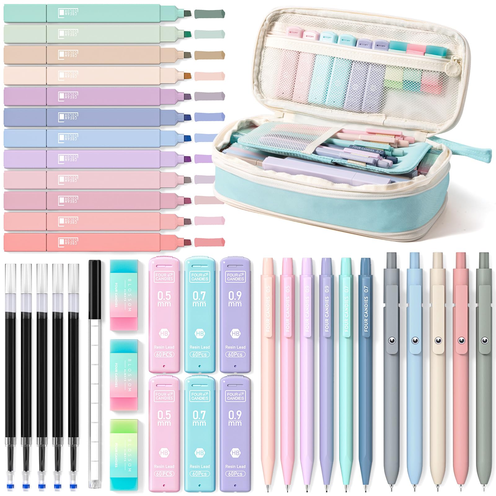 Four Candies School Supplies with Pencil Case, 45ct Black | Back to School Stationery Set, Essentials for College & Nursing Students, 6 Gel Pens, 6 Mechanical Pencils, 12 Highlighters