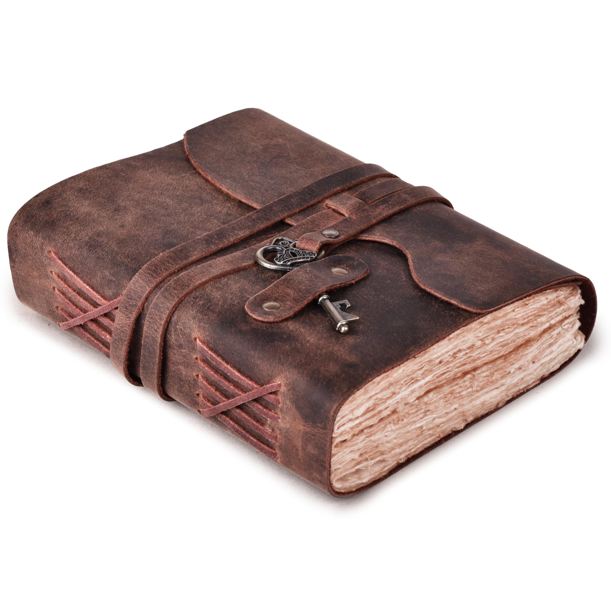 LEATHER VILLAGE Vintage Leather Bound Journal, Junk Journal For Men & Women | Handmade Deckle Edge paper, 200 Blank Pages , Book Of Shadows, Sketchbook, Scrapbook, Leather Journal ,Distressed Brown 6x4