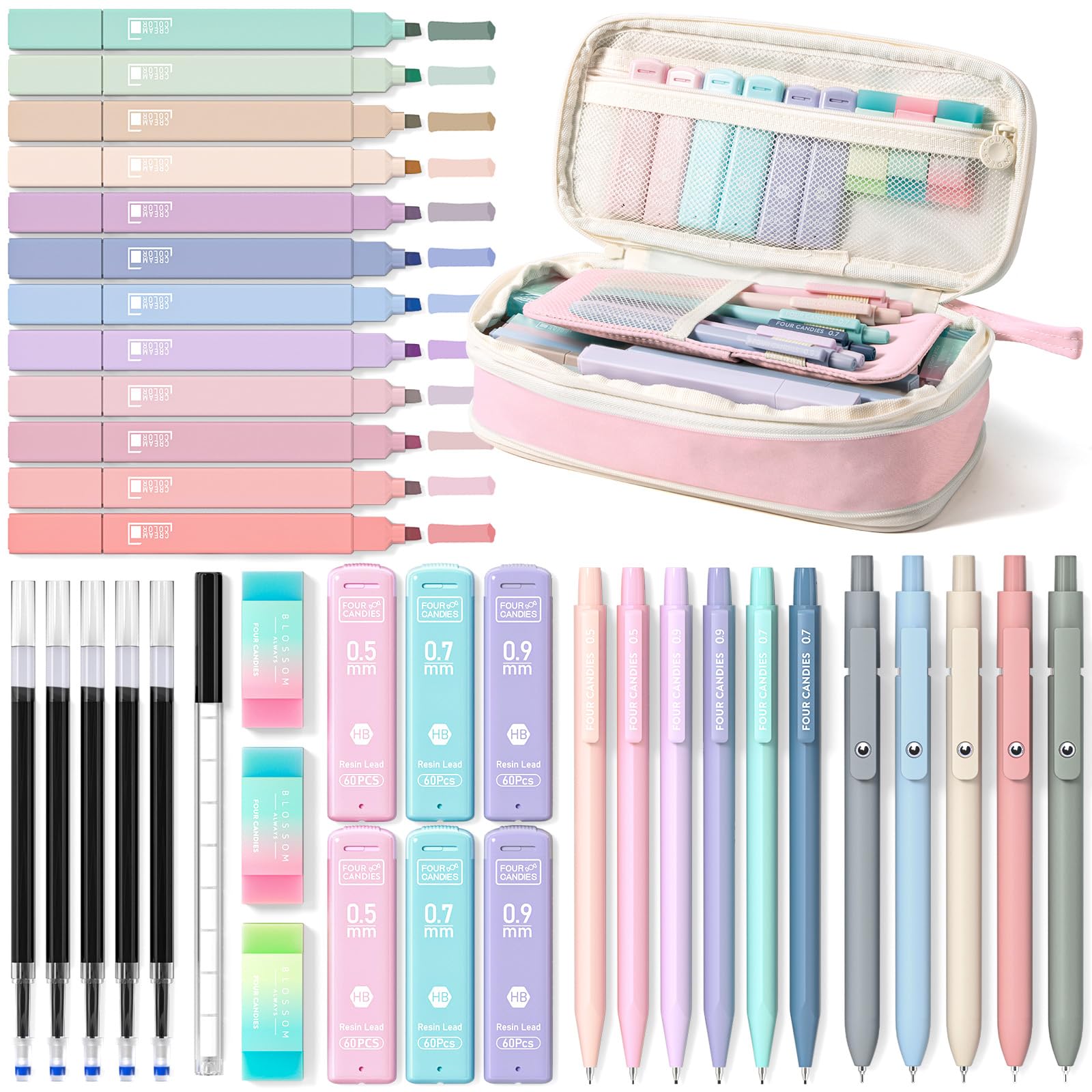 Four Candies School Supplies with Pencil Case, 45ct Black | Back to School Stationery Set, Essentials for College & Nursing Students, 6 Gel Pens, 6 Mechanical Pencils, 12 Highlighters