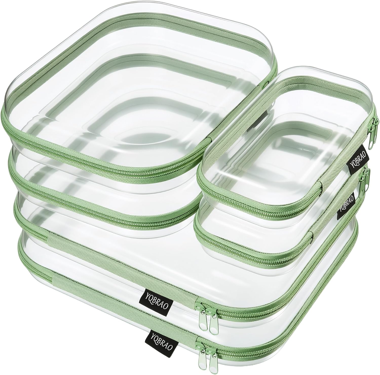 YQBRAO Clear Hard Shell Zipper Cases, 6 Multi-Size Organizers, Green | Rigid clear shells in three practical sizes organize toiletries, cosmetics, cables, stationery and household essentials