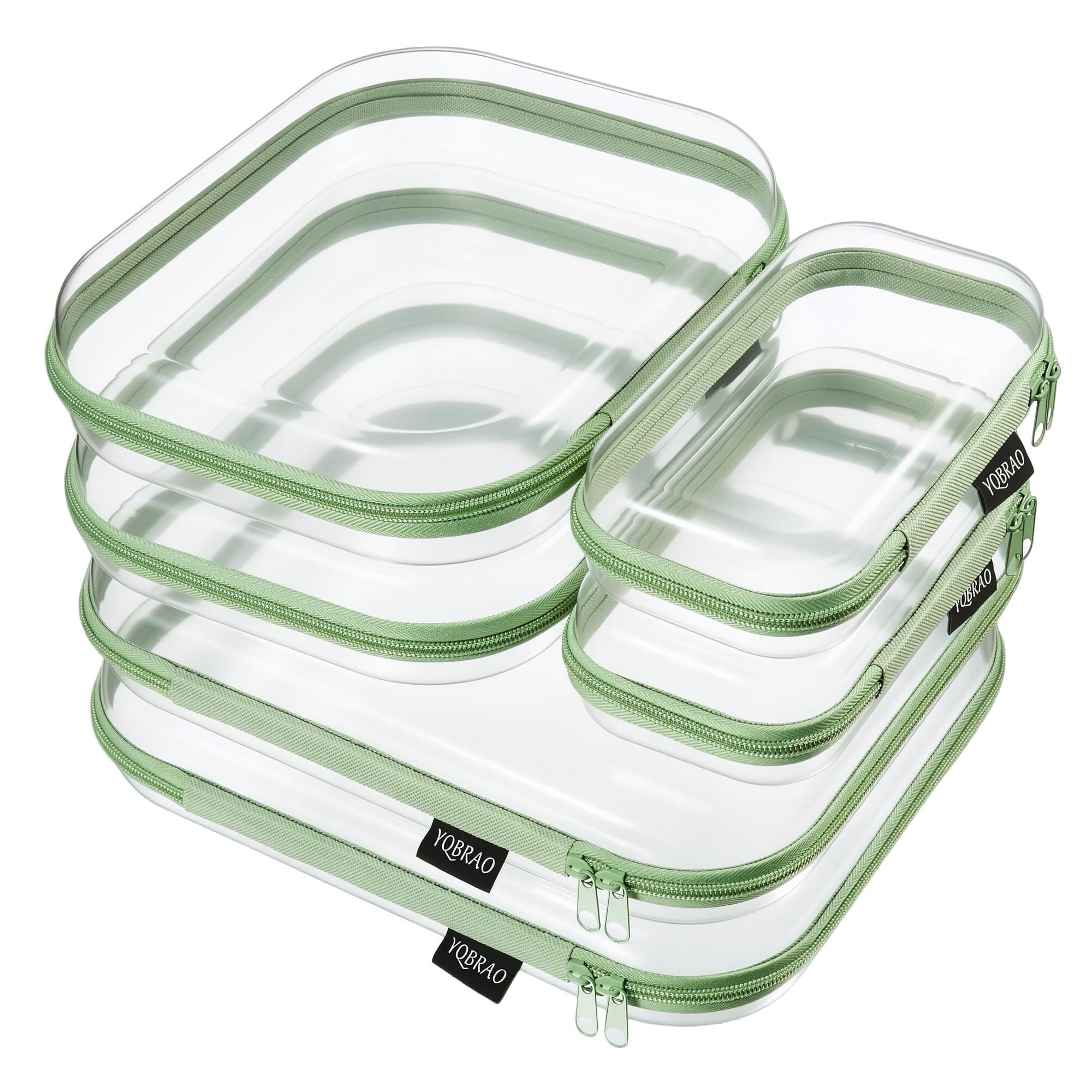 YQBRAO Clear Hard Shell Zipper Cases, 6 Multi-Size Organizers, Green | Rigid clear shells in three practical sizes organize toiletries, cosmetics, cables, stationery and household essentials