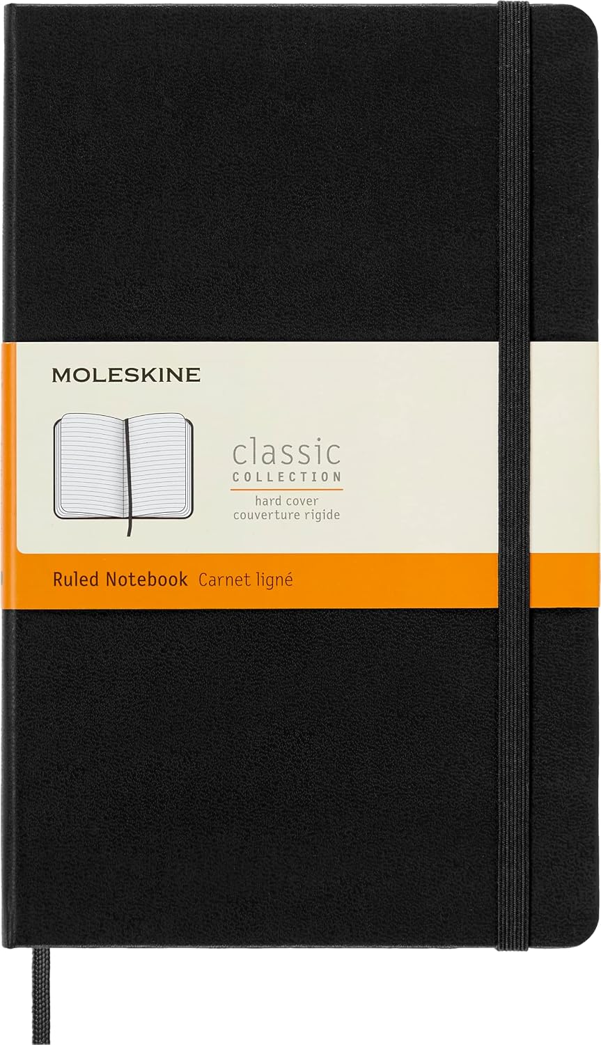 Moleskine Classic Notebook, Large, Ruled, Black, Hard Cover (5 x 8.25) | Large 5" x 8.25" notebook with 240 ruled pages for journaling, note-taking, planning, and everyday writing.