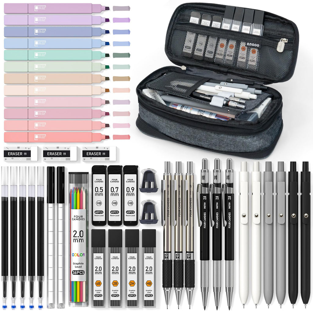 Four Candies School Supplies with Pencil Case, 45ct Black | Back to School Stationery Set, Essentials for College & Nursing Students, 6 Gel Pens, 6 Mechanical Pencils, 12 Highlighters