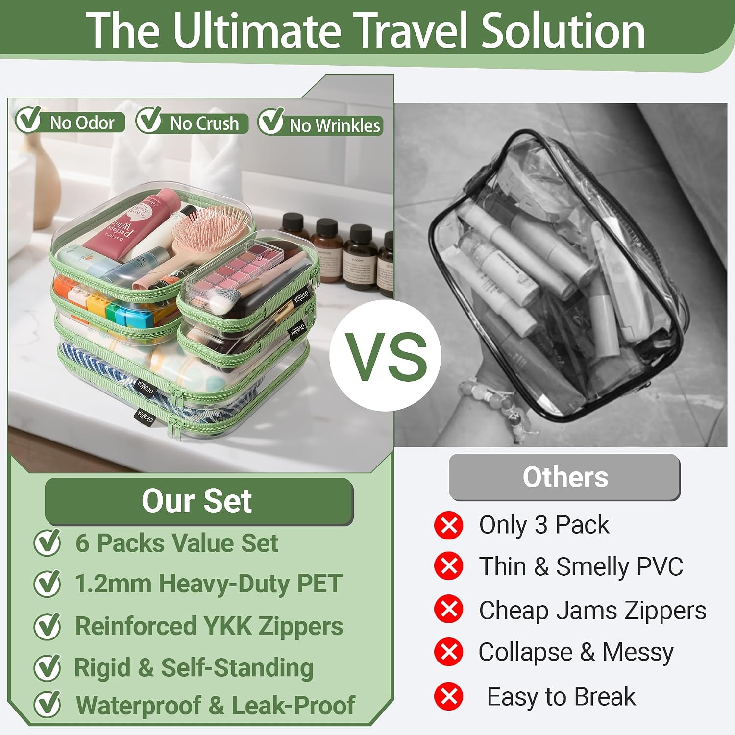 YQBRAO Clear Hard Shell Zipper Cases, 6 Multi-Size Organizers, Green | Rigid clear shells in three practical sizes organize toiletries, cosmetics, cables, stationery and household essentials