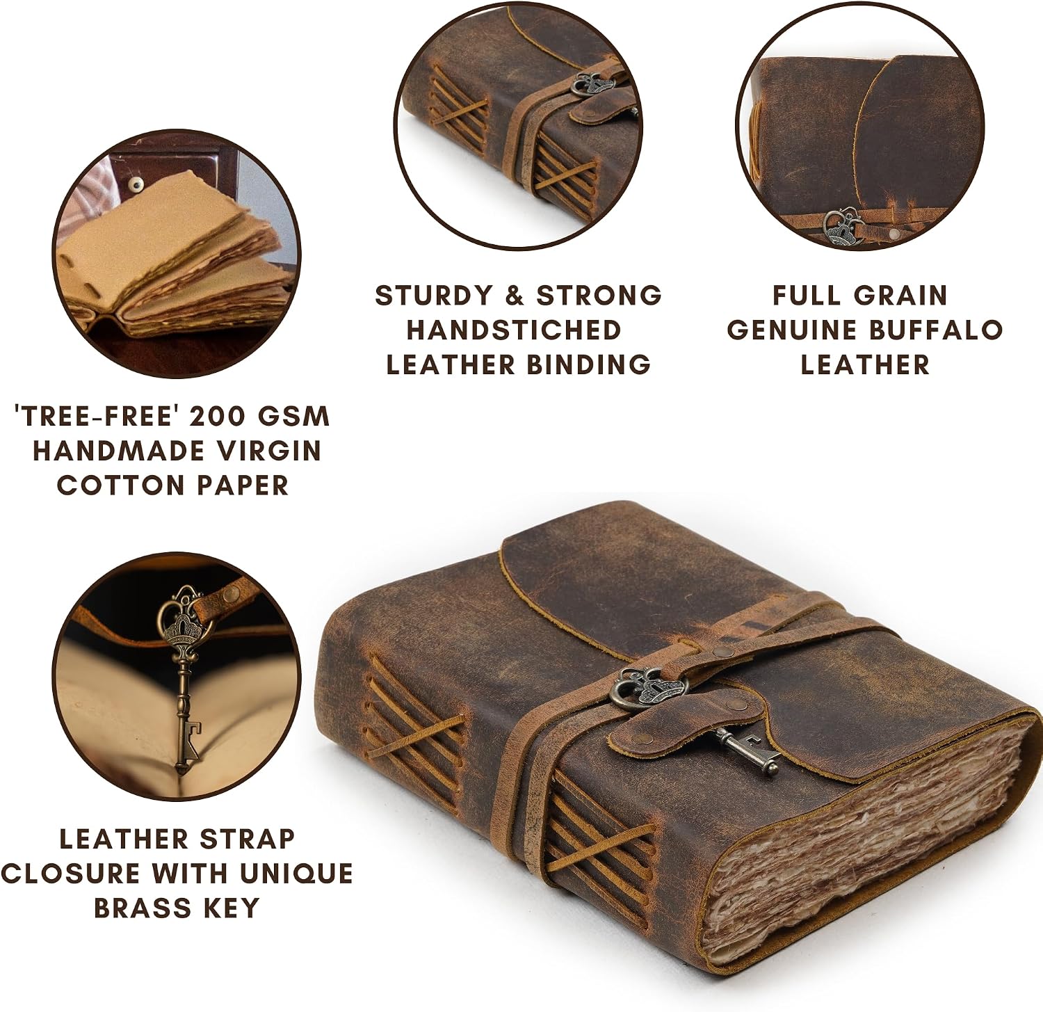 LEATHER VILLAGE Vintage Leather Bound Journal, Junk Journal For Men & Women | Handmade Deckle Edge paper, 200 Blank Pages , Book Of Shadows, Sketchbook, Scrapbook, Leather Journal ,Distressed Brown 6x4