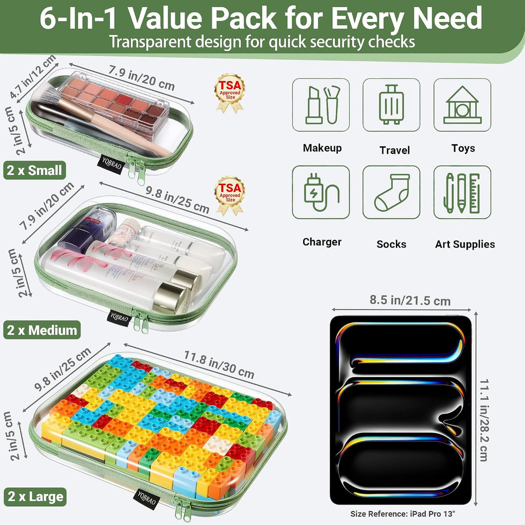 YQBRAO Clear Hard Shell Zipper Cases, 6 Multi-Size Organizers, Green | Rigid clear shells in three practical sizes organize toiletries, cosmetics, cables, stationery and household essentials