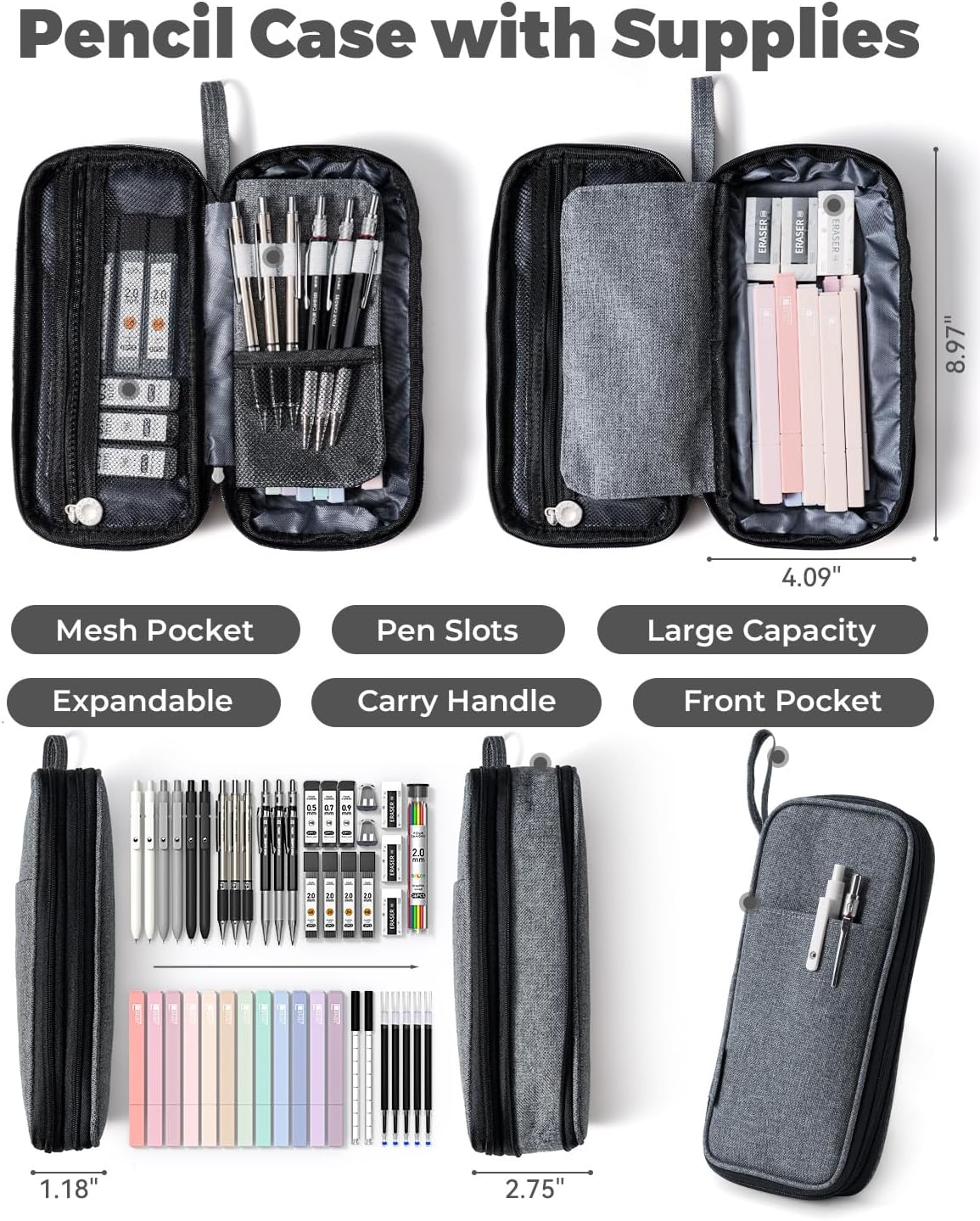Four Candies School Supplies with Pencil Case, 45ct Black | Back to School Stationery Set, Essentials for College & Nursing Students, 6 Gel Pens, 6 Mechanical Pencils, 12 Highlighters