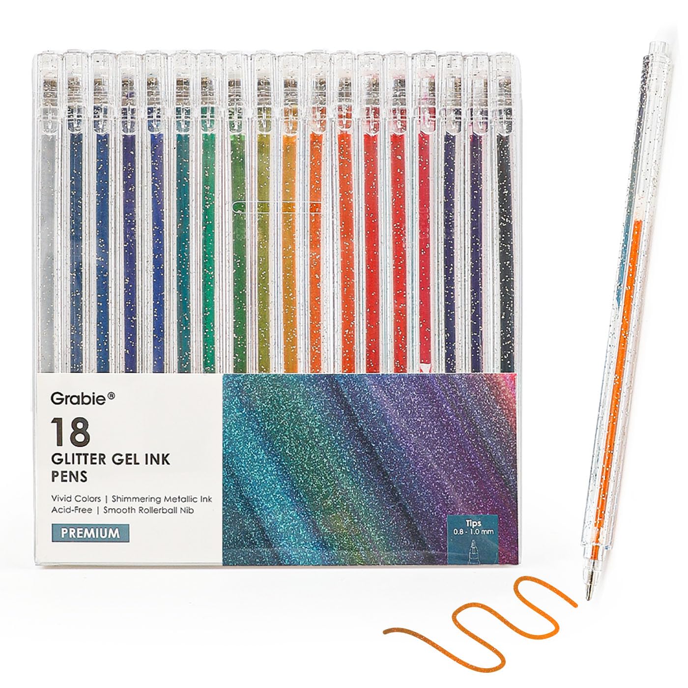 Grabie 18 Color Glitter Gel Pens, Retractable Sparkle Art Pens | Retractable Design, Smooth Gel Ink, Sparkling Finish, Acid Free Ink, Quick Drying, Coloring Books, Journaling, Drawing