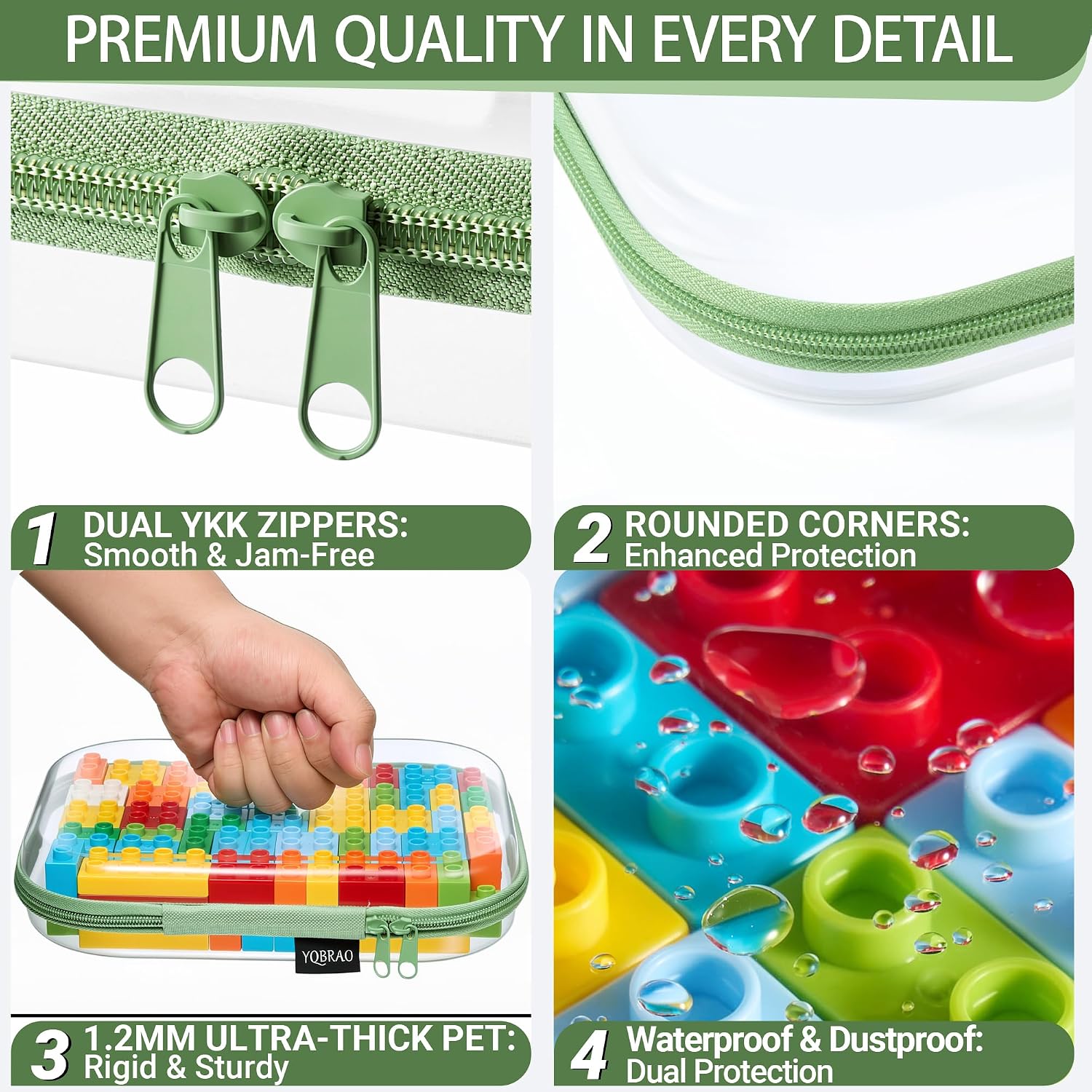 YQBRAO Clear Hard Shell Zipper Cases, 6 Multi-Size Organizers, Green | Rigid clear shells in three practical sizes organize toiletries, cosmetics, cables, stationery and household essentials