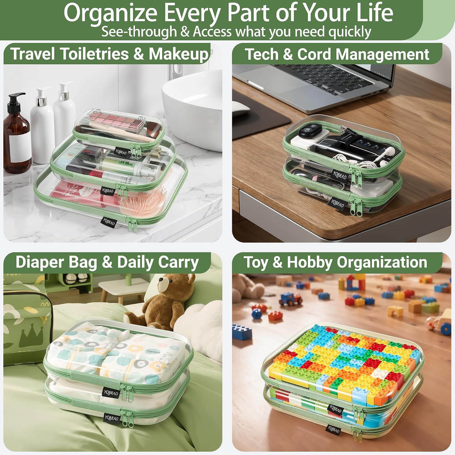 YQBRAO Clear Hard Shell Zipper Cases, 6 Multi-Size Organizers, Green | Rigid clear shells in three practical sizes organize toiletries, cosmetics, cables, stationery and household essentials