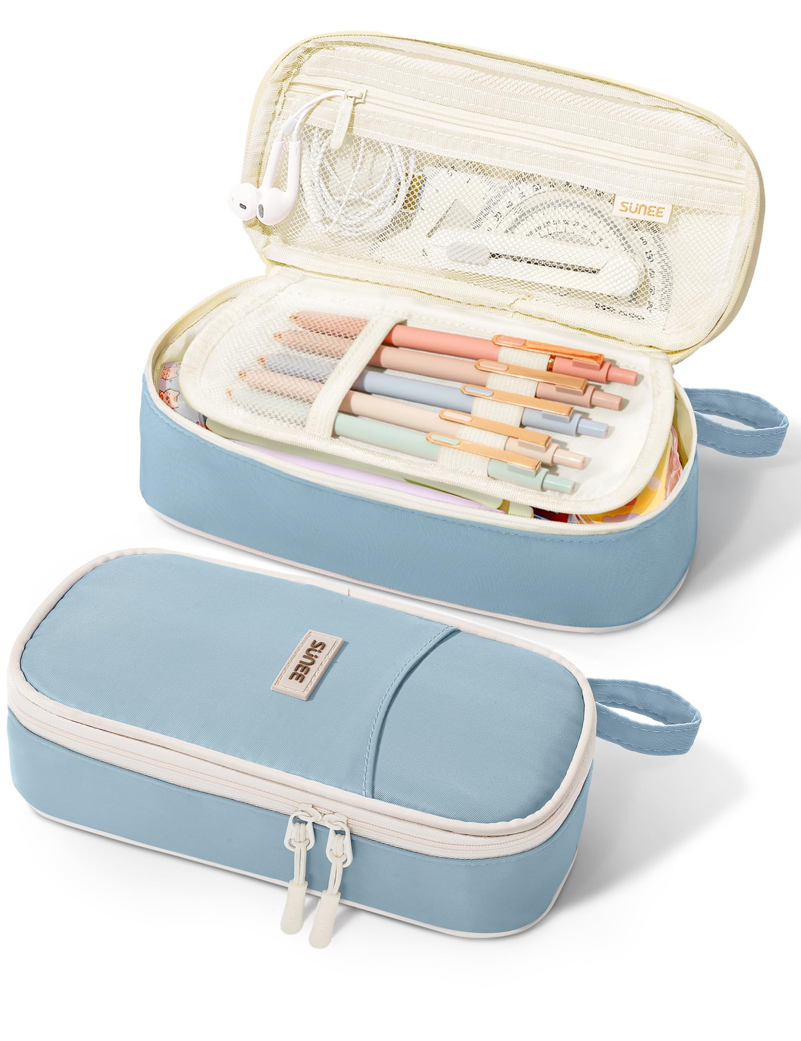 SUNEE Cute Pencil Case, Aesthetic Pen Pouch, Colored Large Pencil Bag with Zipper, Kawaii Stationery Storage and Organizer, School Supplies for Teen and Adult Girls, Blue