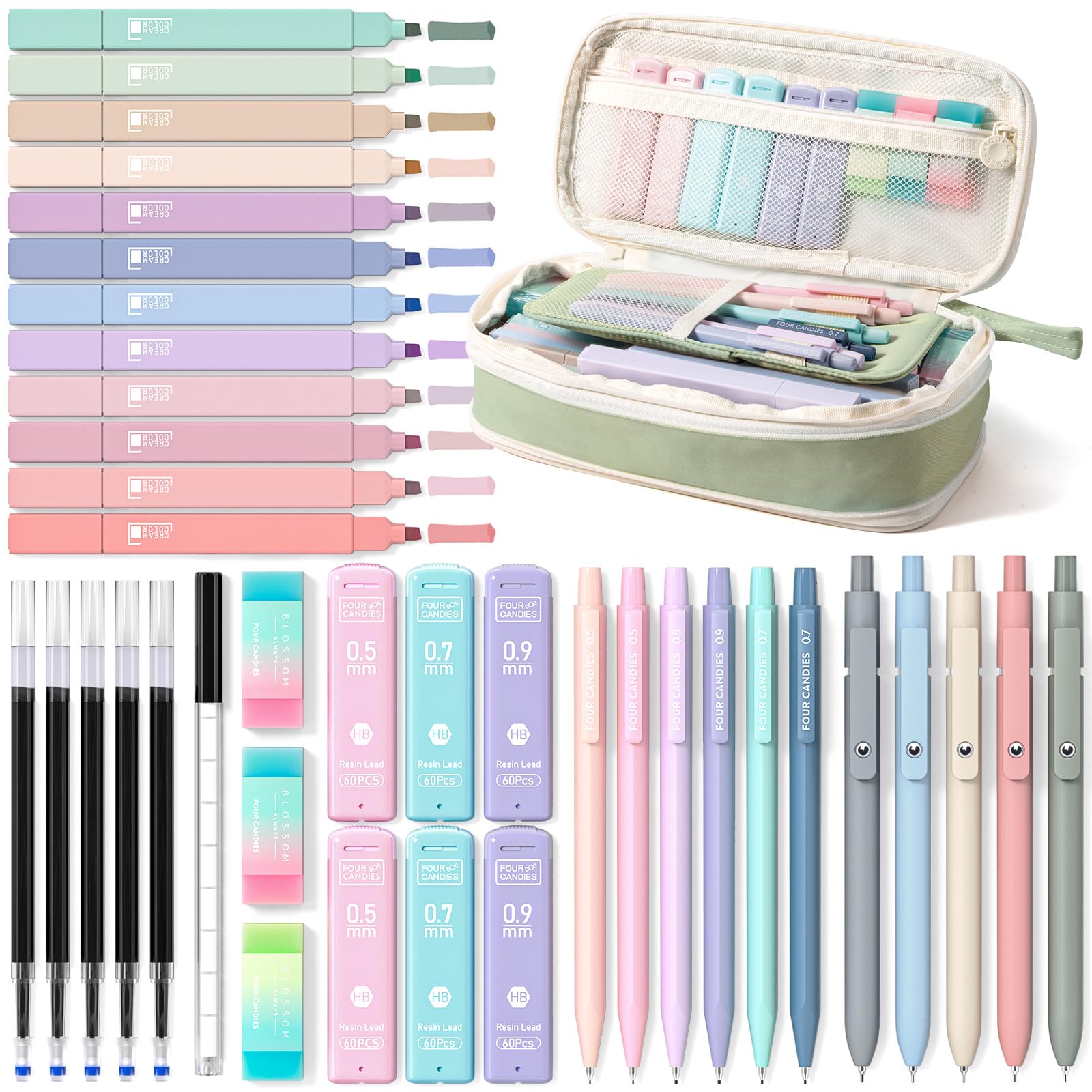 Four Candies School Supplies with Pencil Case, 45ct Black | Back to School Stationery Set, Essentials for College & Nursing Students, 6 Gel Pens, 6 Mechanical Pencils, 12 Highlighters