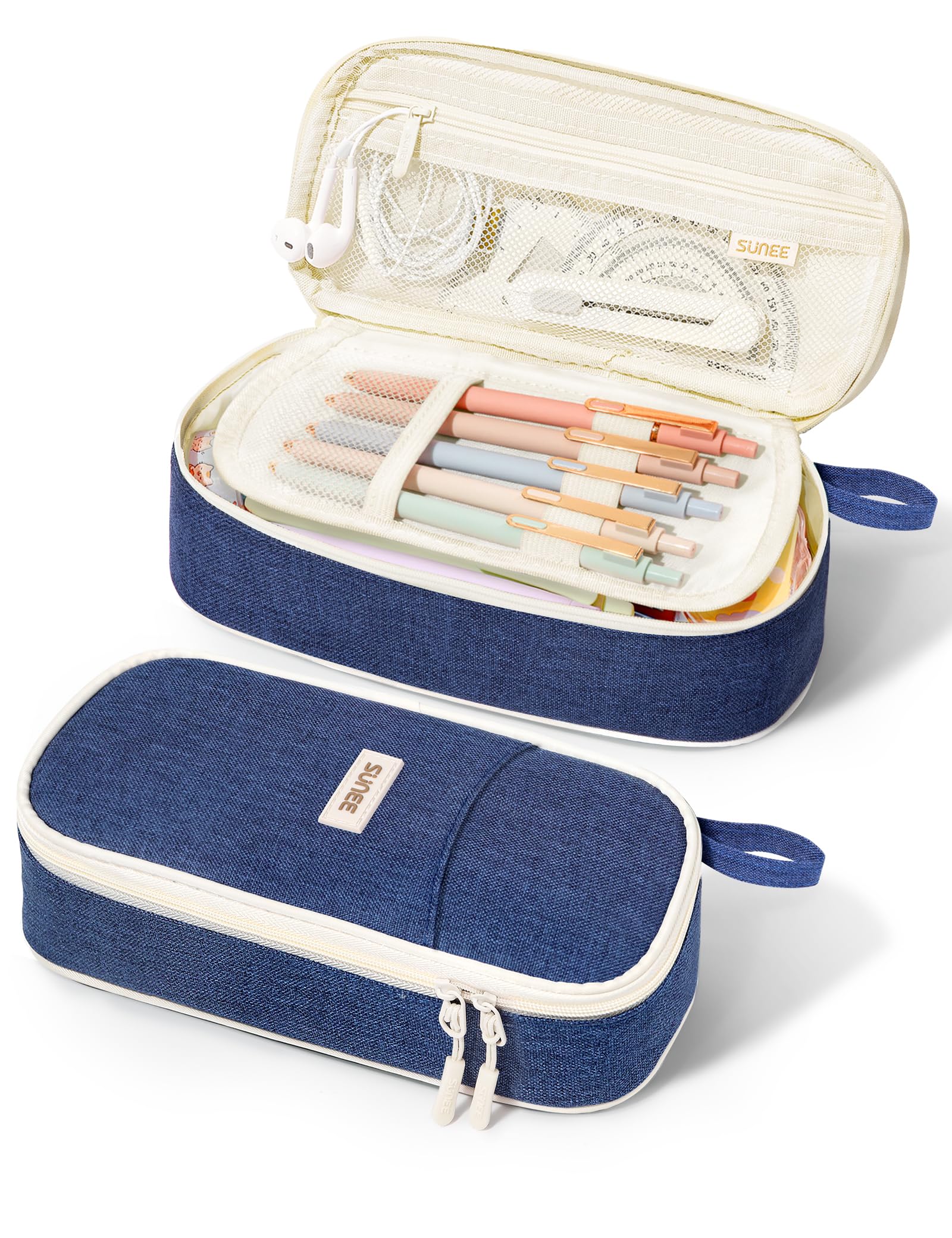 SUNEE Cute Pencil Case, Aesthetic Pen Pouch, Colored Large Pencil Bag with Zipper, Kawaii Stationery Storage and Organizer, School Supplies for Teen and Adult Girls, Blue
