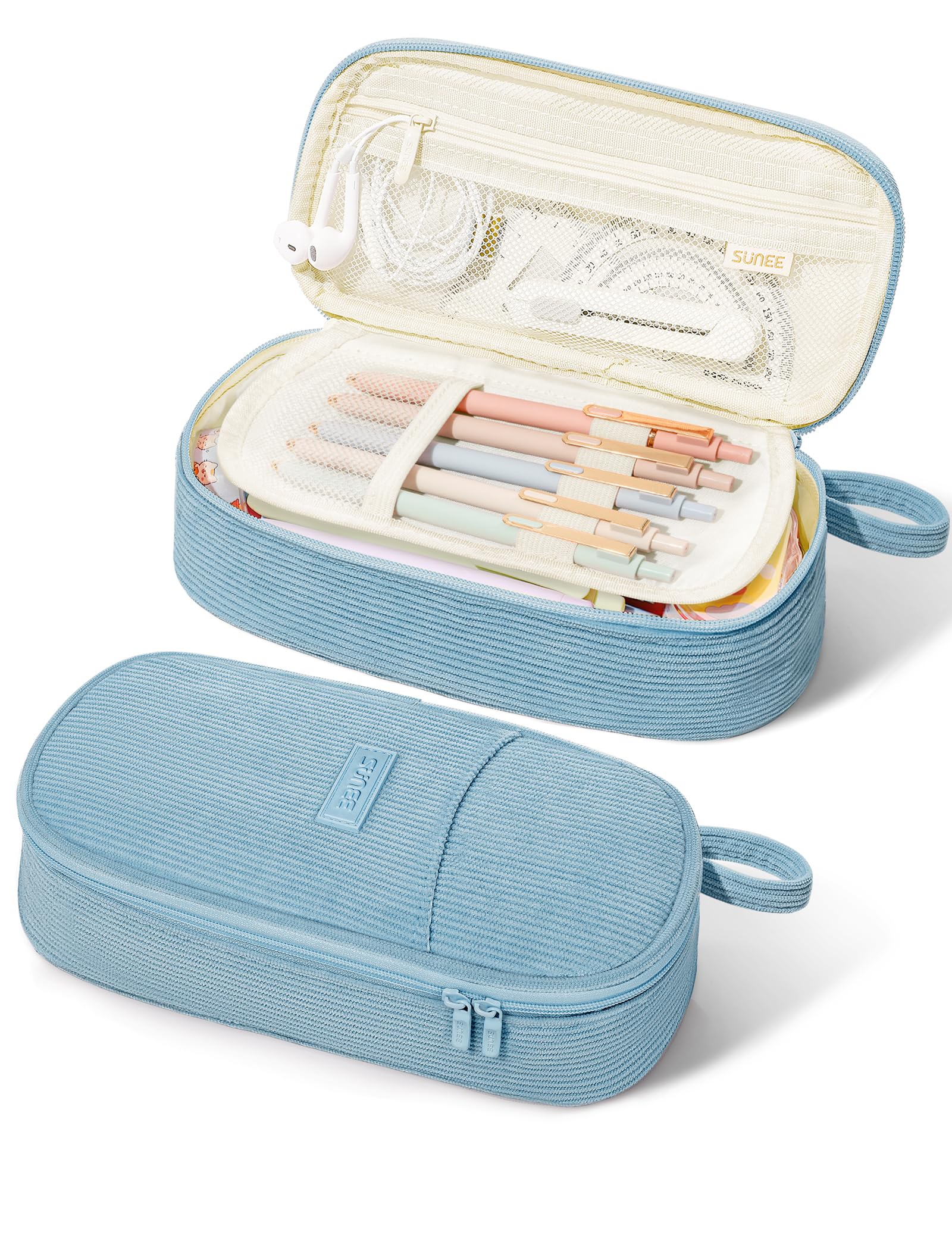 SUNEE Cute Pencil Case, Aesthetic Pen Pouch, Colored Large Pencil Bag with Zipper, Kawaii Stationery Storage and Organizer, School Supplies for Teen and Adult Girls, Blue