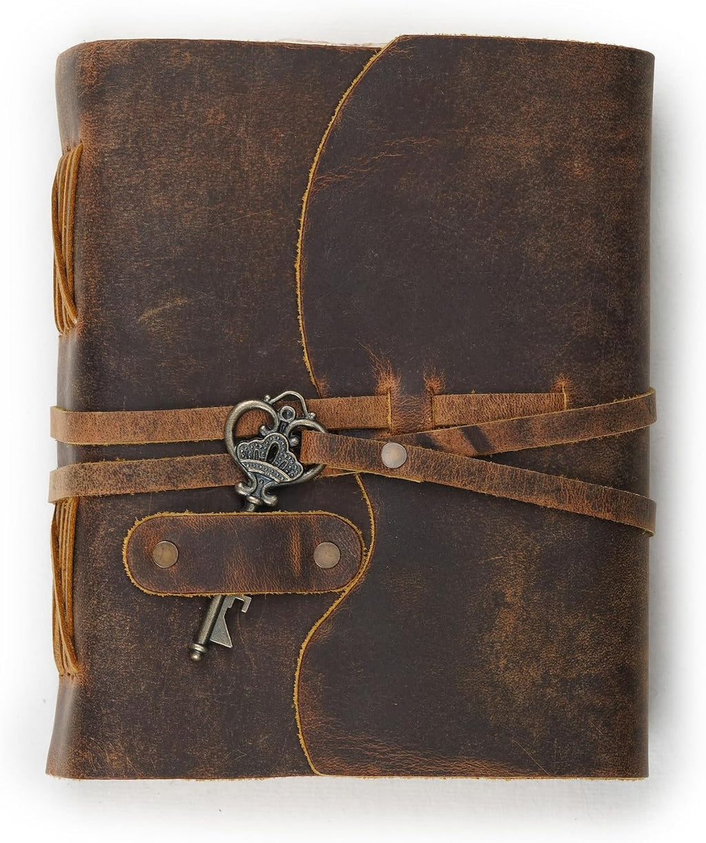 LEATHER VILLAGE Vintage Leather Bound Journal, Junk Journal For Men & Women | Handmade Deckle Edge paper, 200 Blank Pages , Book Of Shadows, Sketchbook, Scrapbook, Leather Journal ,Distressed Brown 6x4