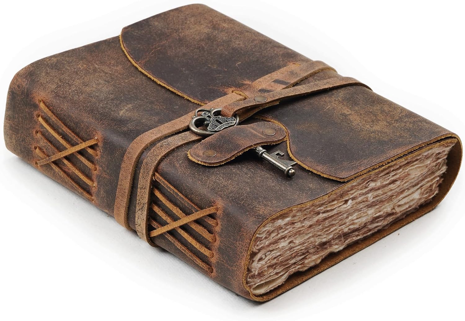 LEATHER VILLAGE Vintage Leather Bound Journal, Junk Journal For Men & Women | Handmade Deckle Edge paper, 200 Blank Pages , Book Of Shadows, Sketchbook, Scrapbook, Leather Journal ,Distressed Brown 6x4