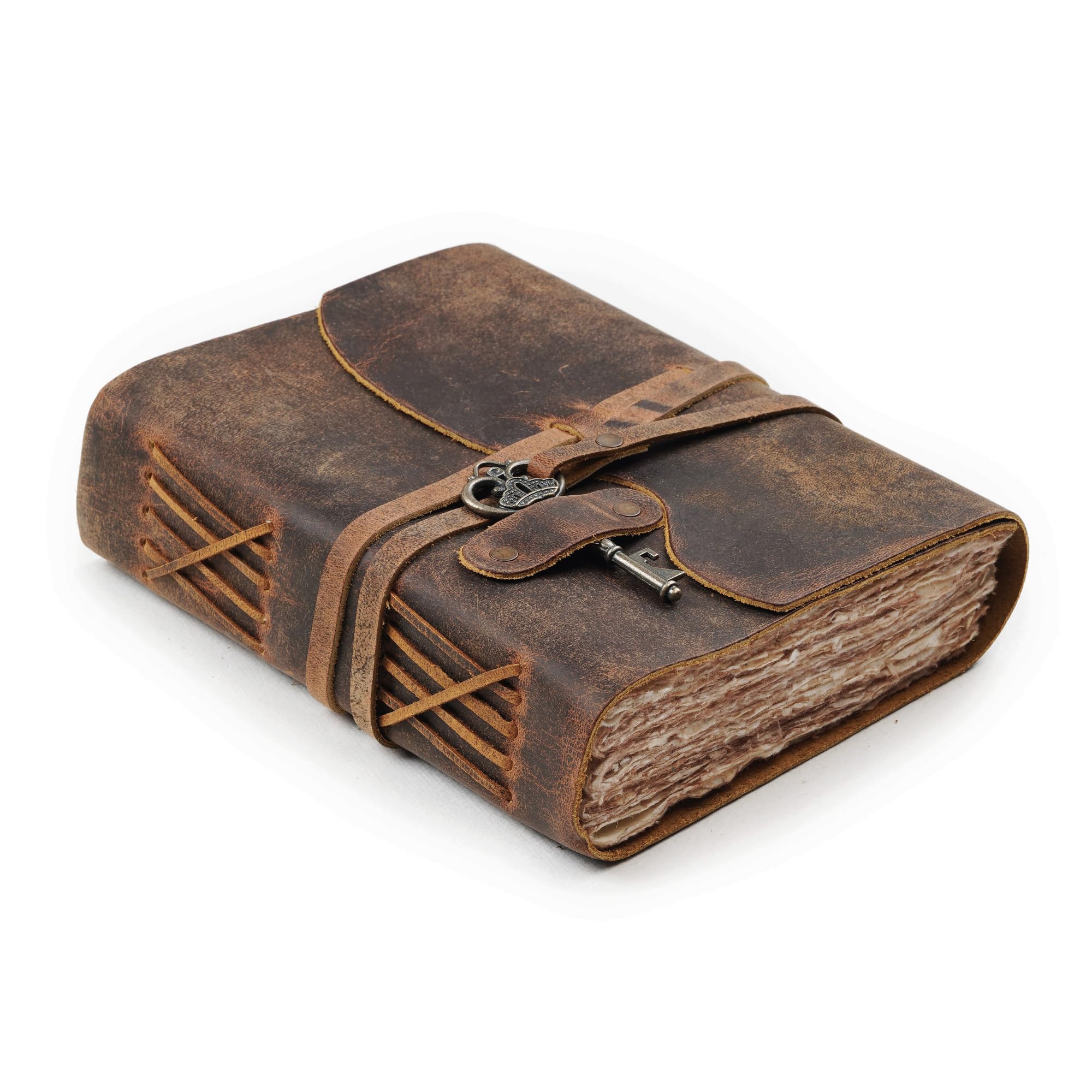 LEATHER VILLAGE Vintage Leather Bound Journal, Junk Journal For Men & Women | Handmade Deckle Edge paper, 200 Blank Pages , Book Of Shadows, Sketchbook, Scrapbook, Leather Journal ,Distressed Brown 6x4