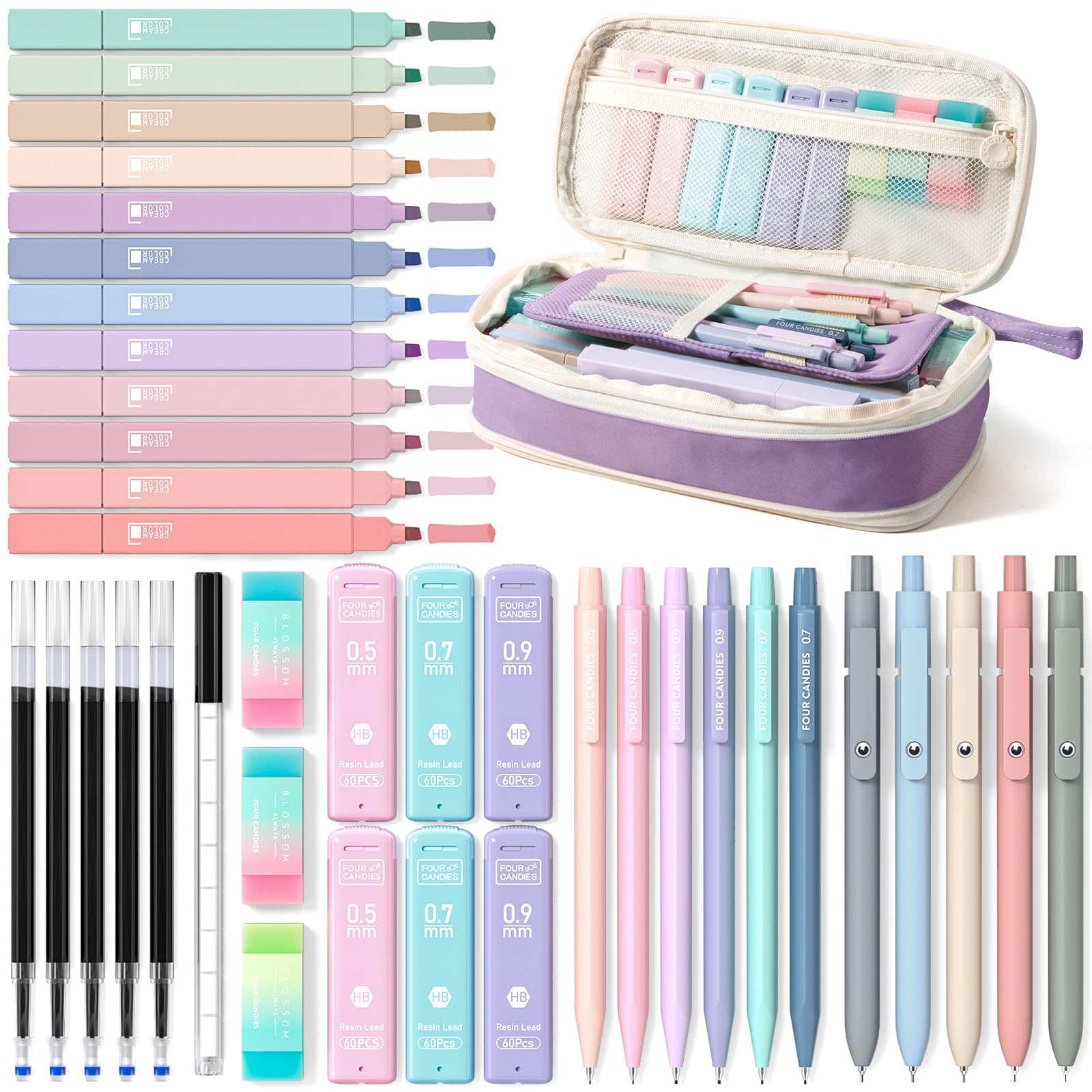 Four Candies School Supplies with Pencil Case, 45ct Black | Back to School Stationery Set, Essentials for College & Nursing Students, 6 Gel Pens, 6 Mechanical Pencils, 12 Highlighters