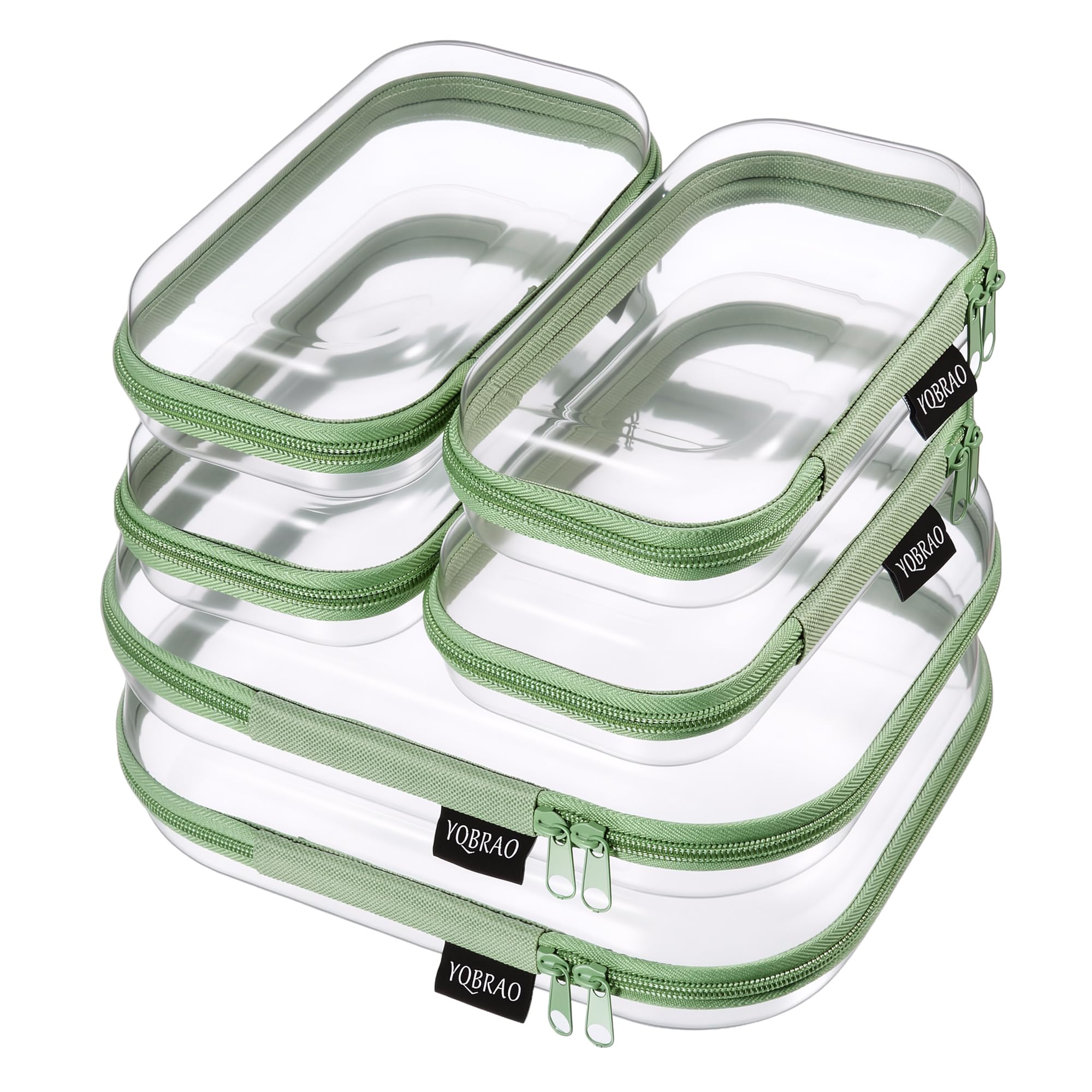 YQBRAO Clear Hard Shell Zipper Cases, 6 Multi-Size Organizers, Green | Rigid clear shells in three practical sizes organize toiletries, cosmetics, cables, stationery and household essentials