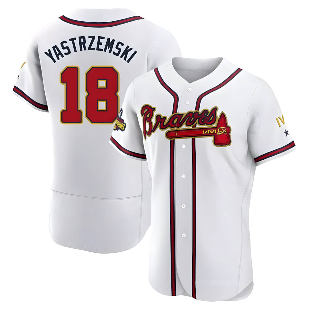 Davalo A.Braves #18 Mike Yastrzemski player Gold Authentic White Program Stitched Jerseys