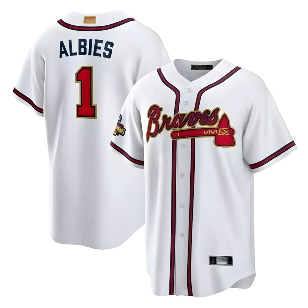 Davalo A.Braves #1 Ozzie Albies Player White World Series Gold Program Stitched Jerseys