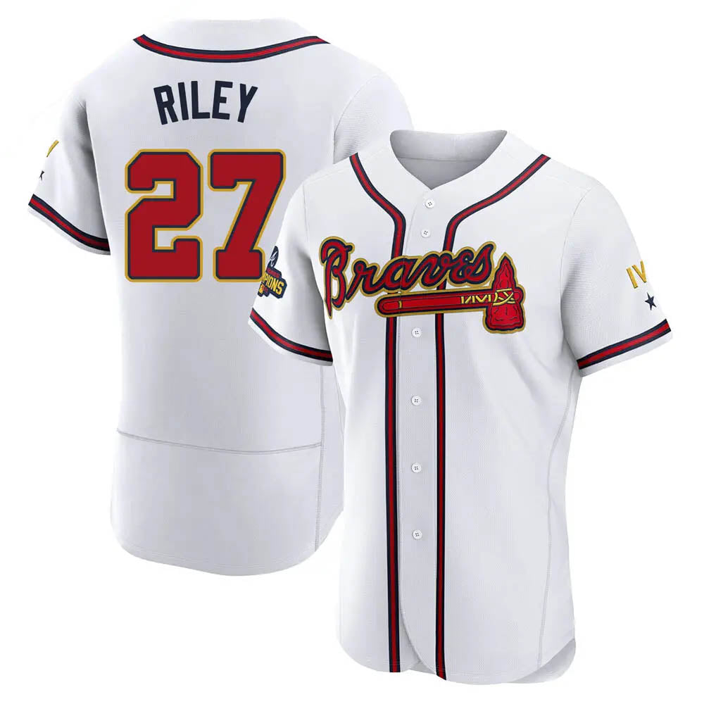 Davalo A.Braves #27 Austin Riley Player White&Gold Authentic Program Stitched Jerseys