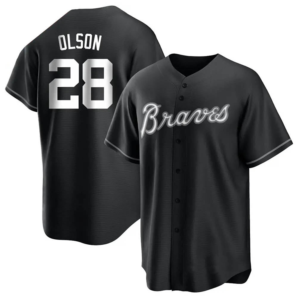 Davalo A.Braves #28 Matt Olson Player Black&White Replica Stitched Jerseys
