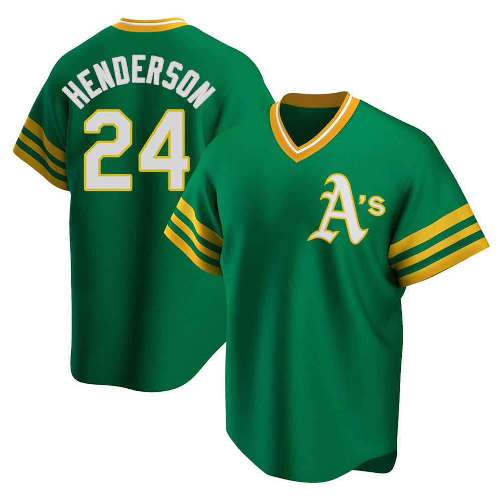 Davalo Athletics #24 Rickey Henderson Player Green Replica Cooperstown Collection T shirt Stitched Jersey