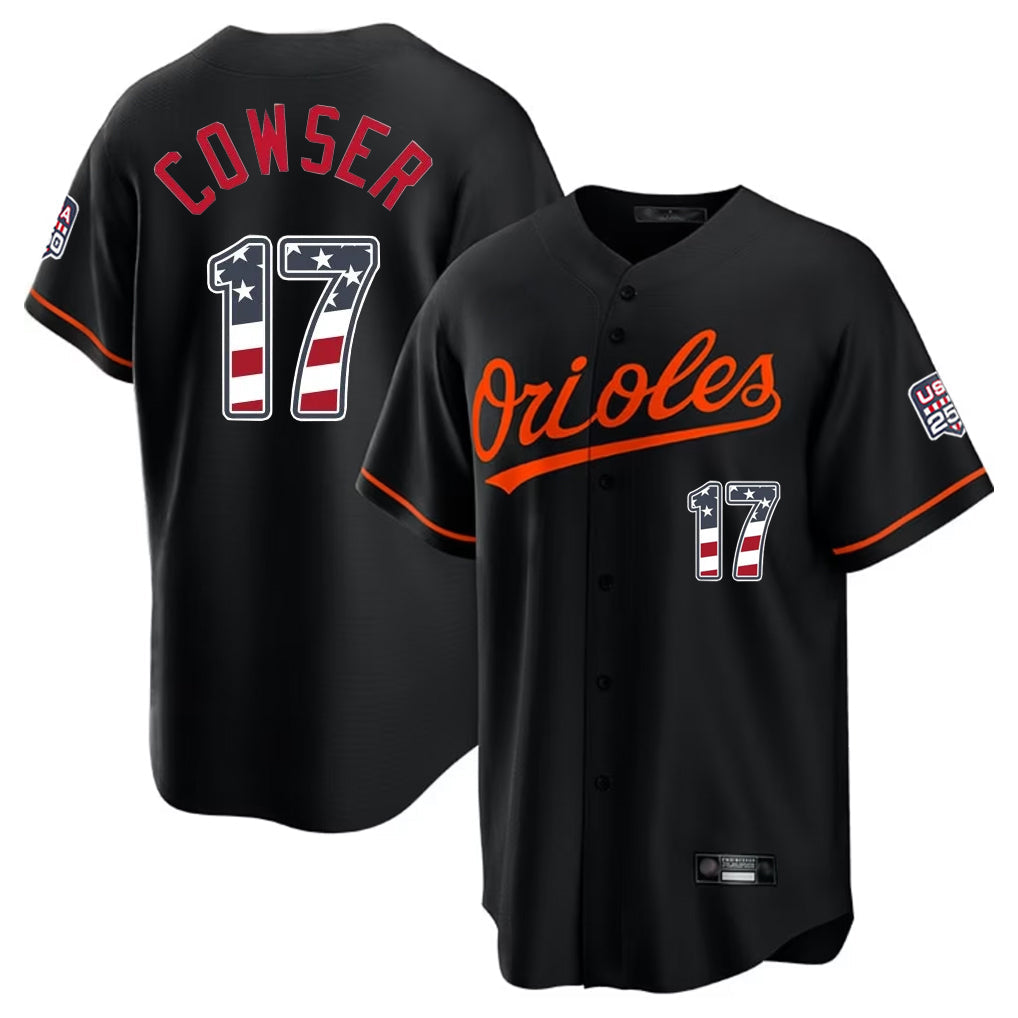 Davalo B.Orioles #17 Colton Cowser Player Black USA 250 Fourth of July Home Game Stitched Jerseys