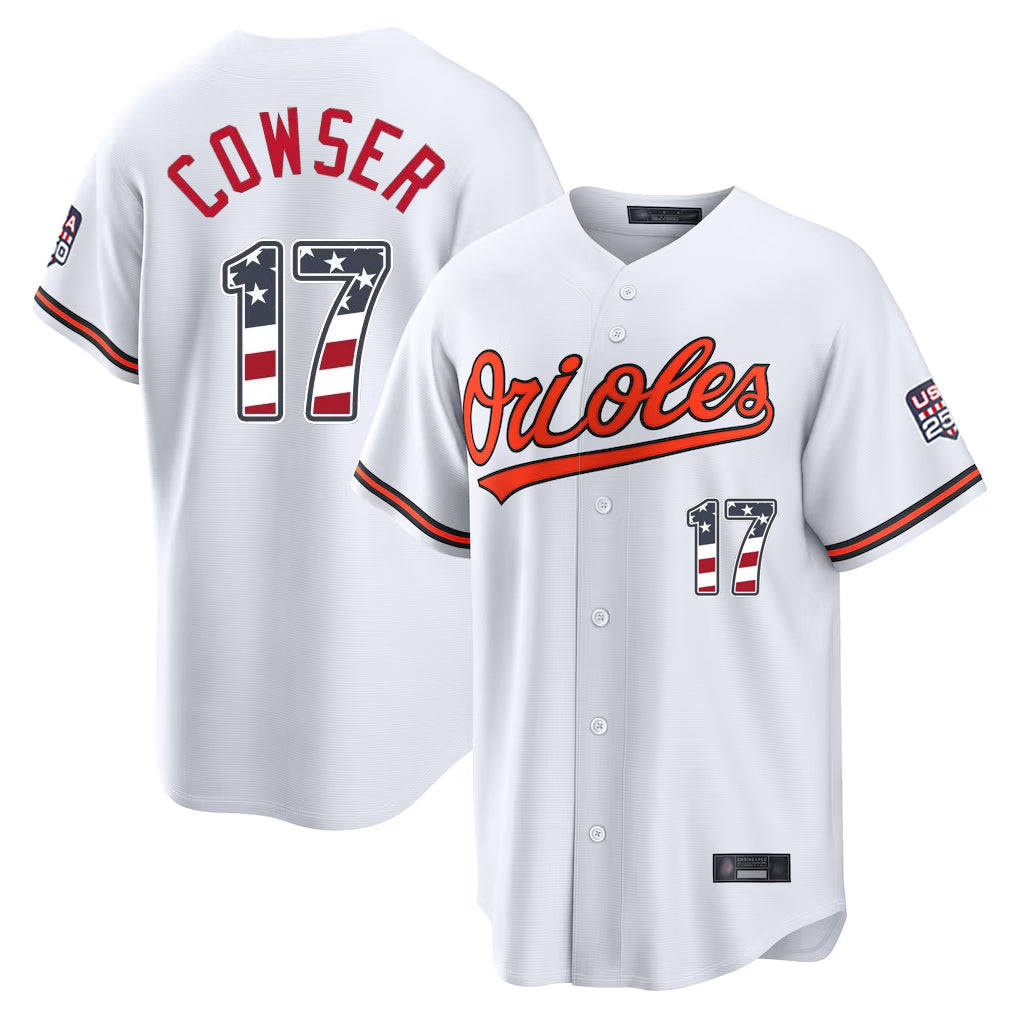 Davalo B.Orioles #17 Colton Cowser Player White USA 250 Fourth of July Home Game Stitched Jerseys