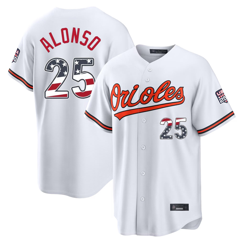 Davalo B.Orioles #25 Pete Alonso Player White USA 250 Fourth of July Home Game Stitched Jerseys