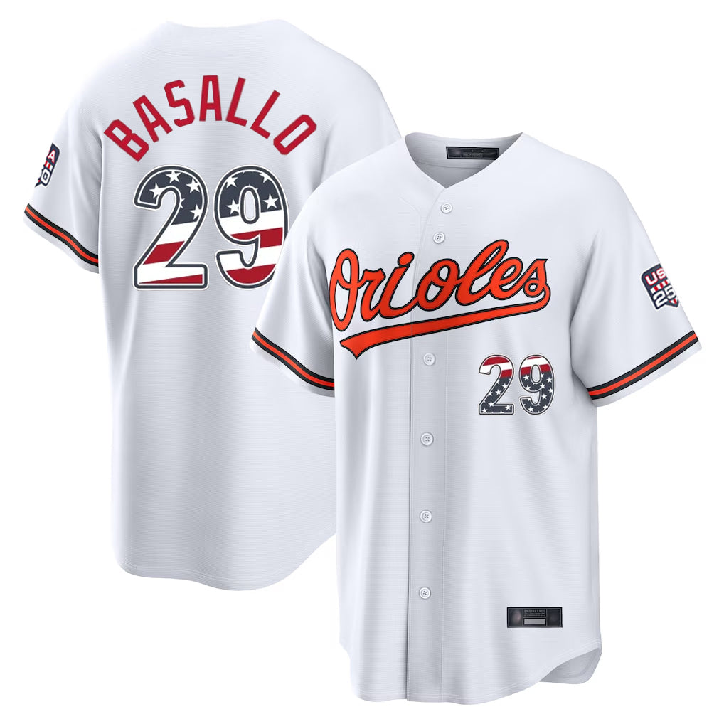 Davalo B.Orioles #29 Samuel Basallo Player White USA 250 Fourth of July Home Game Stitched Jerseys