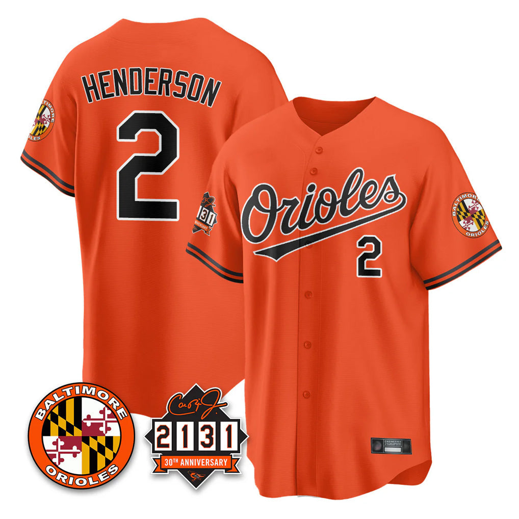 Davalo B.Orioles #2 Gunnar Henderson Player Orange 30th Anniversary of 2131 Home Game Stitched Jerseys