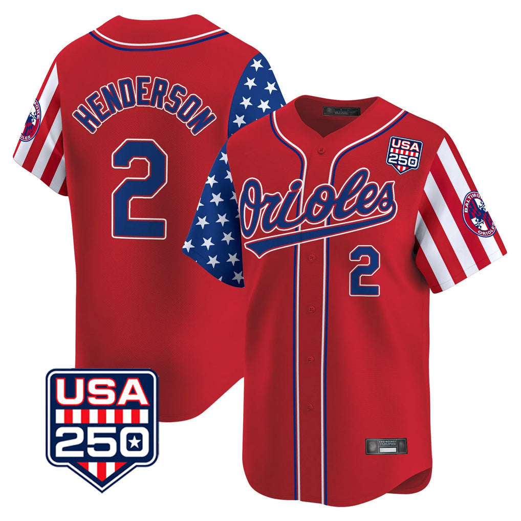Davalo B.Orioles #2 Gunnar Henderson Player Red USA 250 Independence Day Vapor Premier Limited Home Game Stitched Jerseys