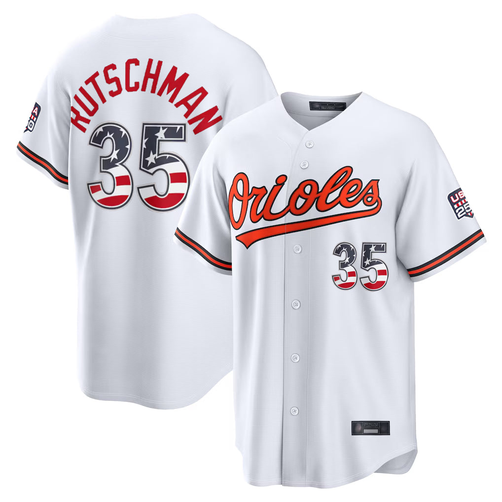 Davalo B.Orioles #35 Adley Rutschman Player White USA 250 Fourth of July Home Game Stitched Jerseys