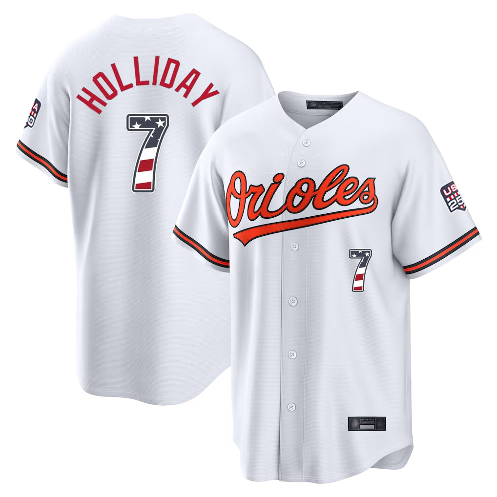 Davalo B.Orioles #7 Jackson Holliday Player White USA 250 Fourth of July Home Game Stitched Jerseys