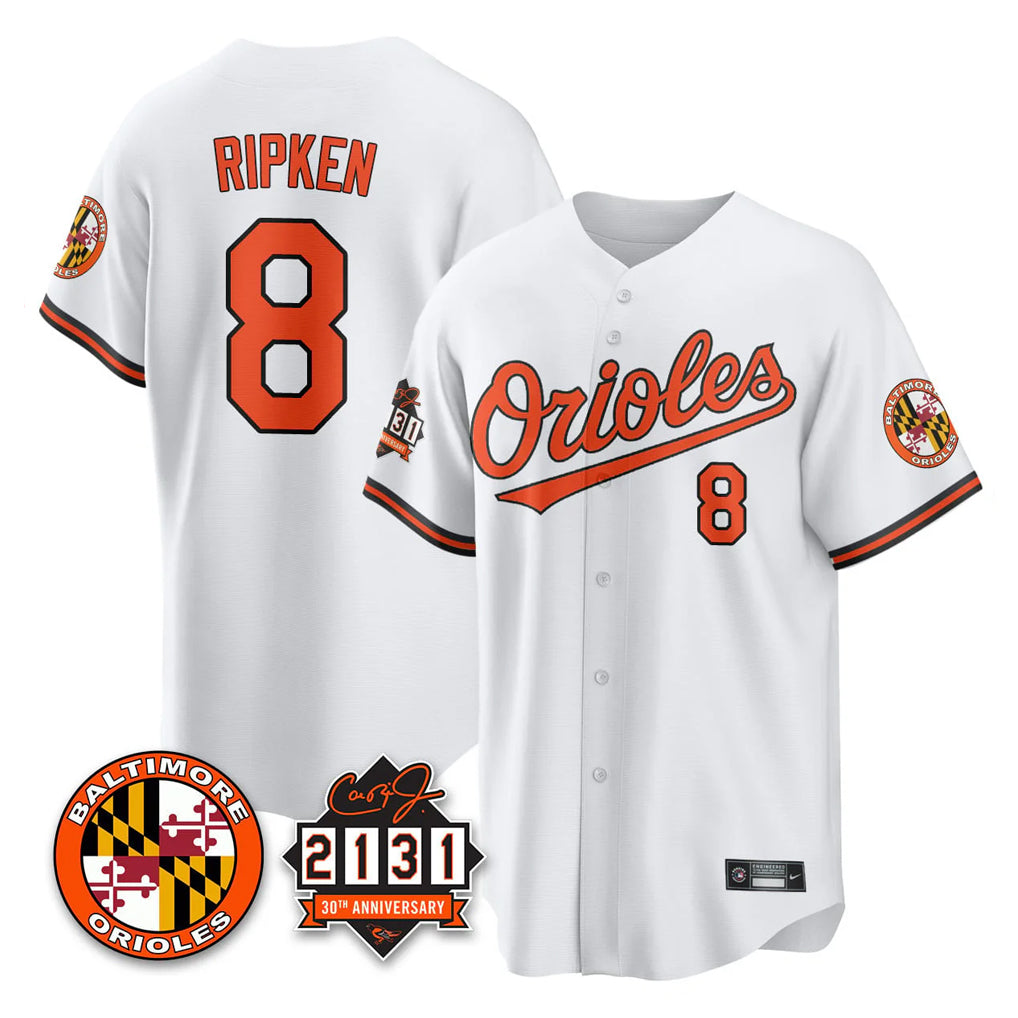 Davalo B.Orioles #8 Cal Ripken Player White 30th Anniversary of 2131 Home Game Stitched Jerseys